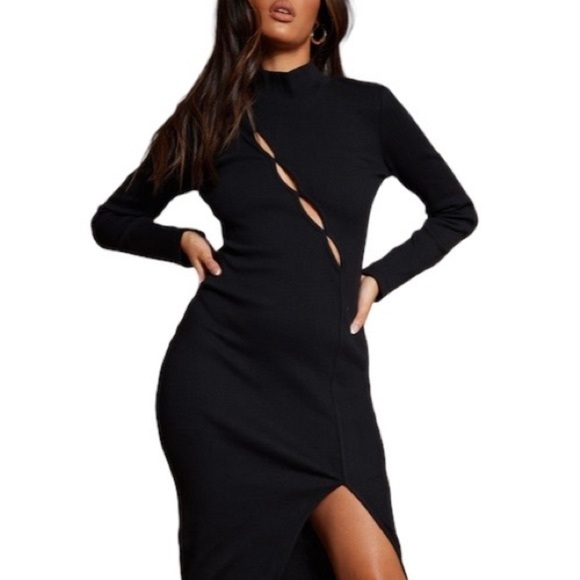 Pretty Little Thing Black Ribbed Knit Slit Midi Dress Size 2 - Picture 2 of 12